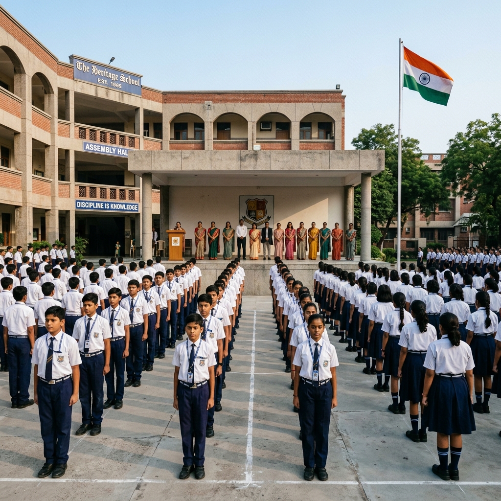 Morning assembly with students in formation
