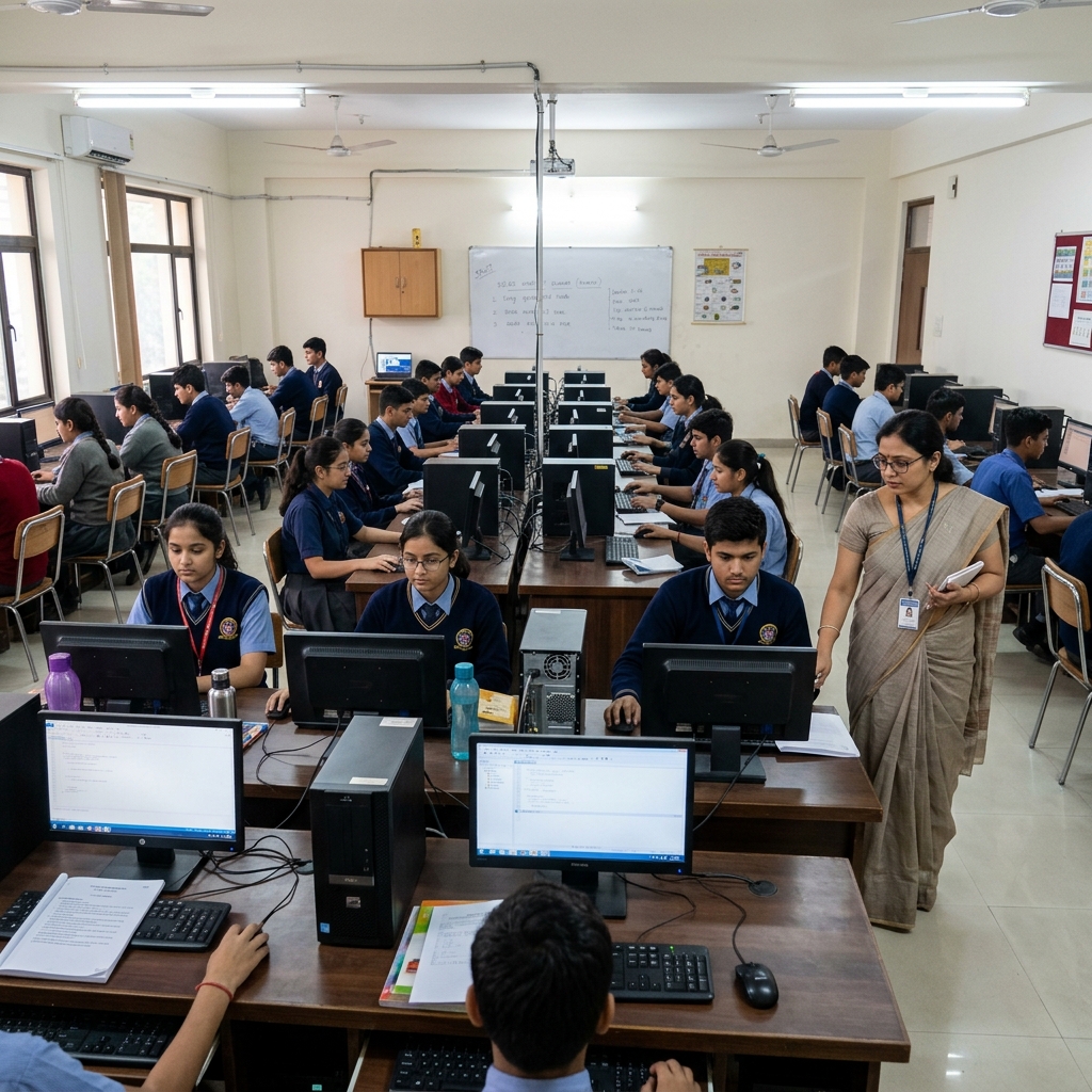 Computer laboratory with students working on desktops