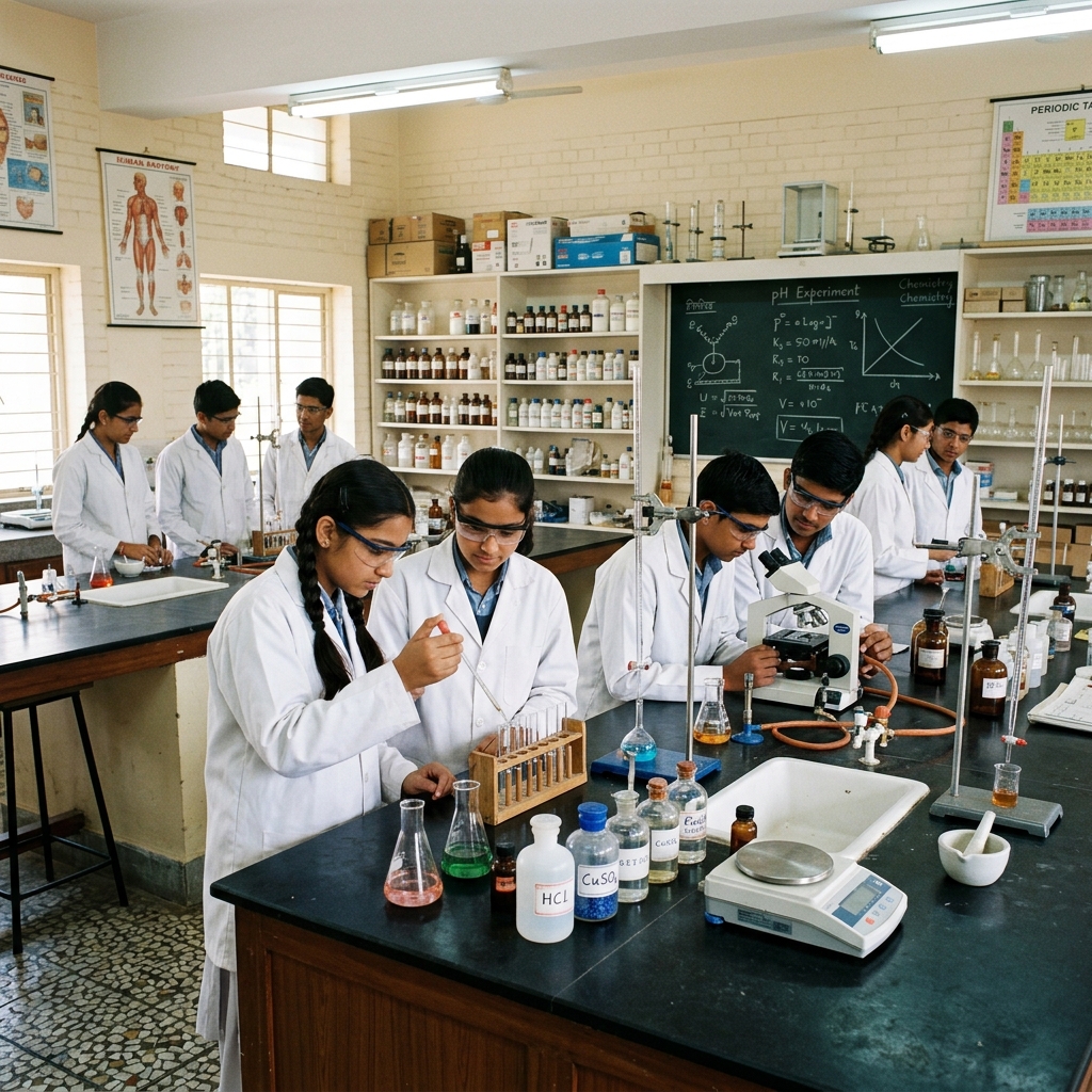 Science laboratory with students conducting experiments