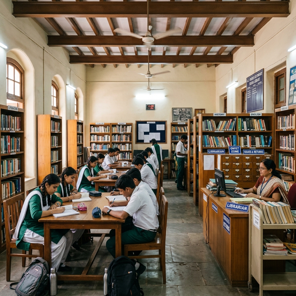 School library with bookshelves and reading area